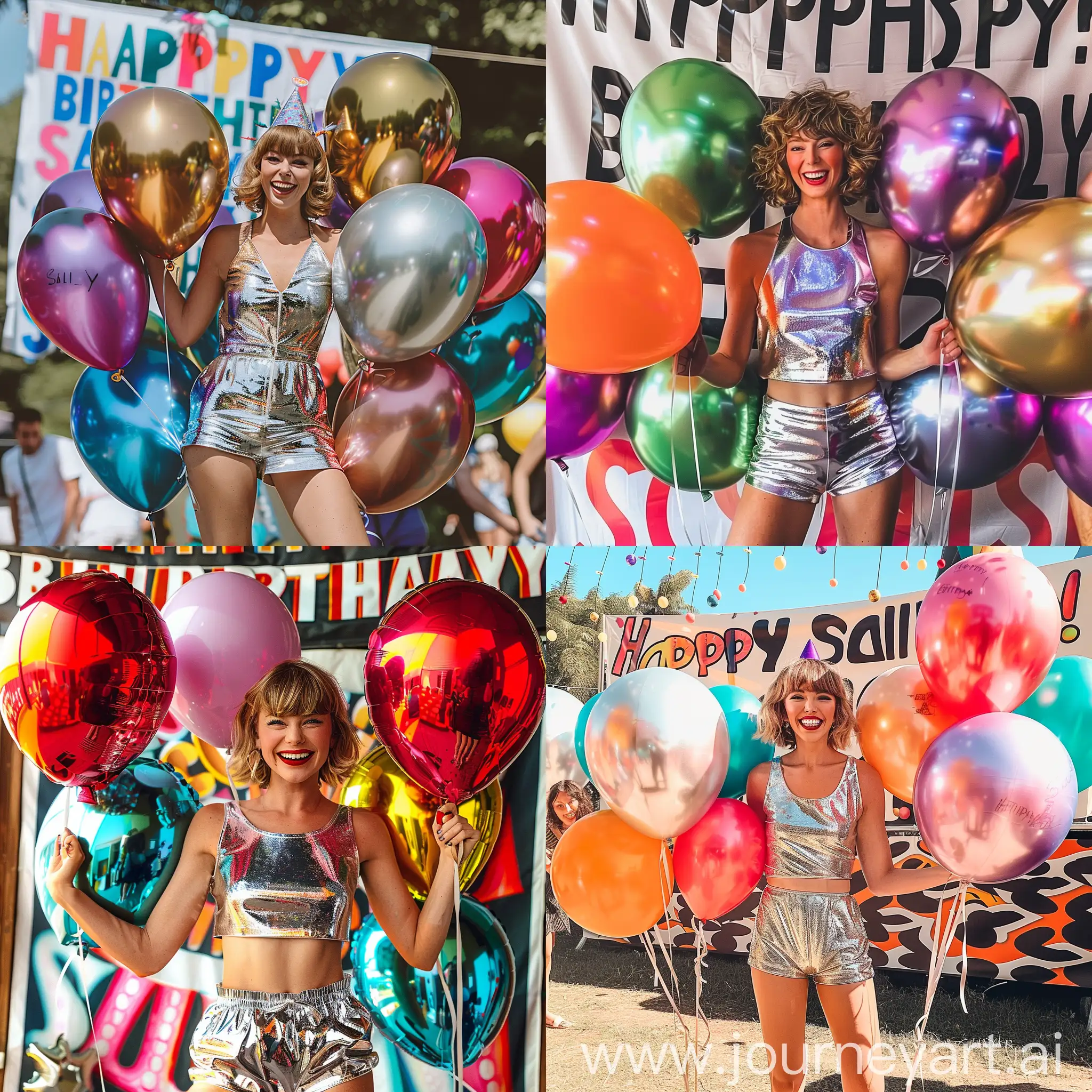 Taylor swift in chrome short dress smiling and holding big colorful balloons, and a big banner in the background that says "Happy Birthday! SALLY!"
PHOTOREALISTIC, BIRTHDAY CARD STYLE 