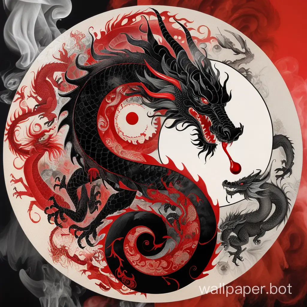 ethereal Bohemian front head of dragon, yin yang, red and black dripping ink, surrealism, mixed media collage, same art divided in 4 overlaid circular panels, 4 overlaid asymmetric multipanels, intricate smoking details, ornate, detailed illustration, octane render, sticker style
