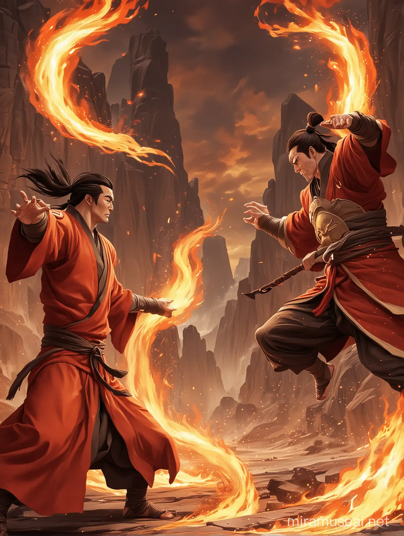 Fire Lord Ozai fire bender fighting versus muscular Iroh
