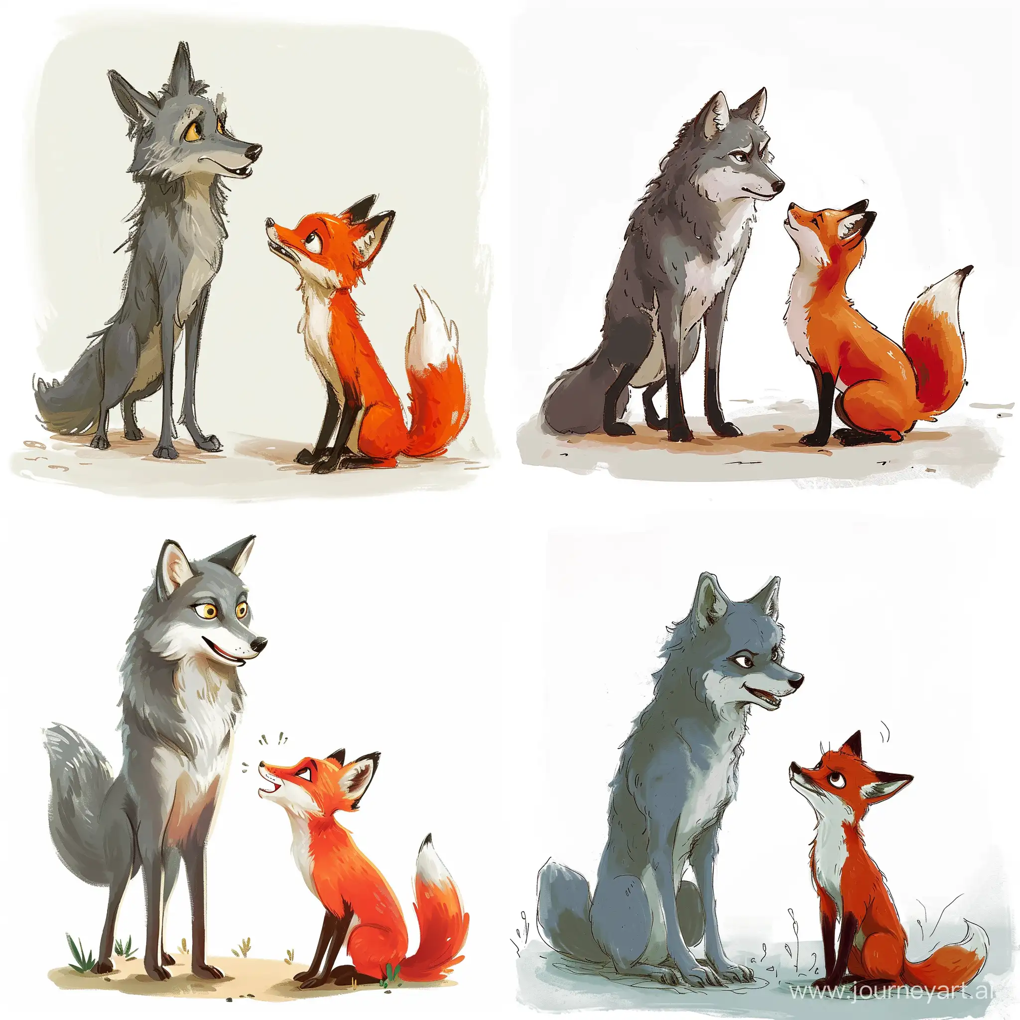 A gray wolf standing and talking with a red fox, on a white background, in caricature style