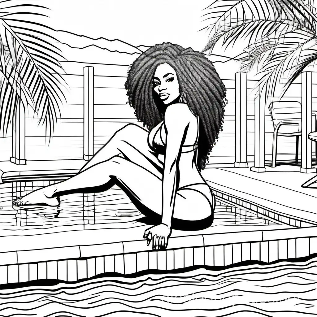 Beautiful african american woman relaxing poolside in a bikini, Coloring Page, black and white, line art, white background, Simplicity, Ample White Space. The background of the coloring page is plain white to make it easy for young children to color within the lines. The outlines of all the subjects are easy to distinguish, making it simple for kids to color without too much difficulty