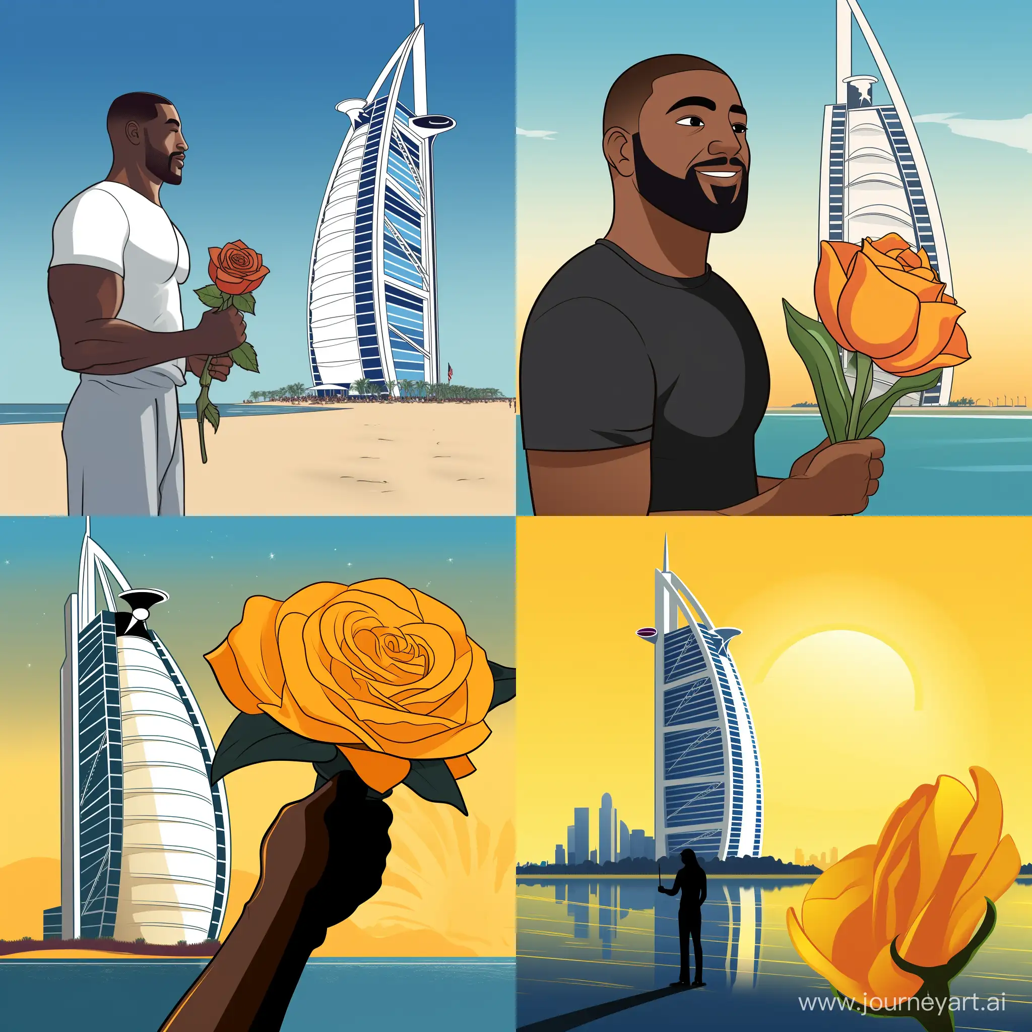 An animated man holding a flower next to the Burj Al Arab