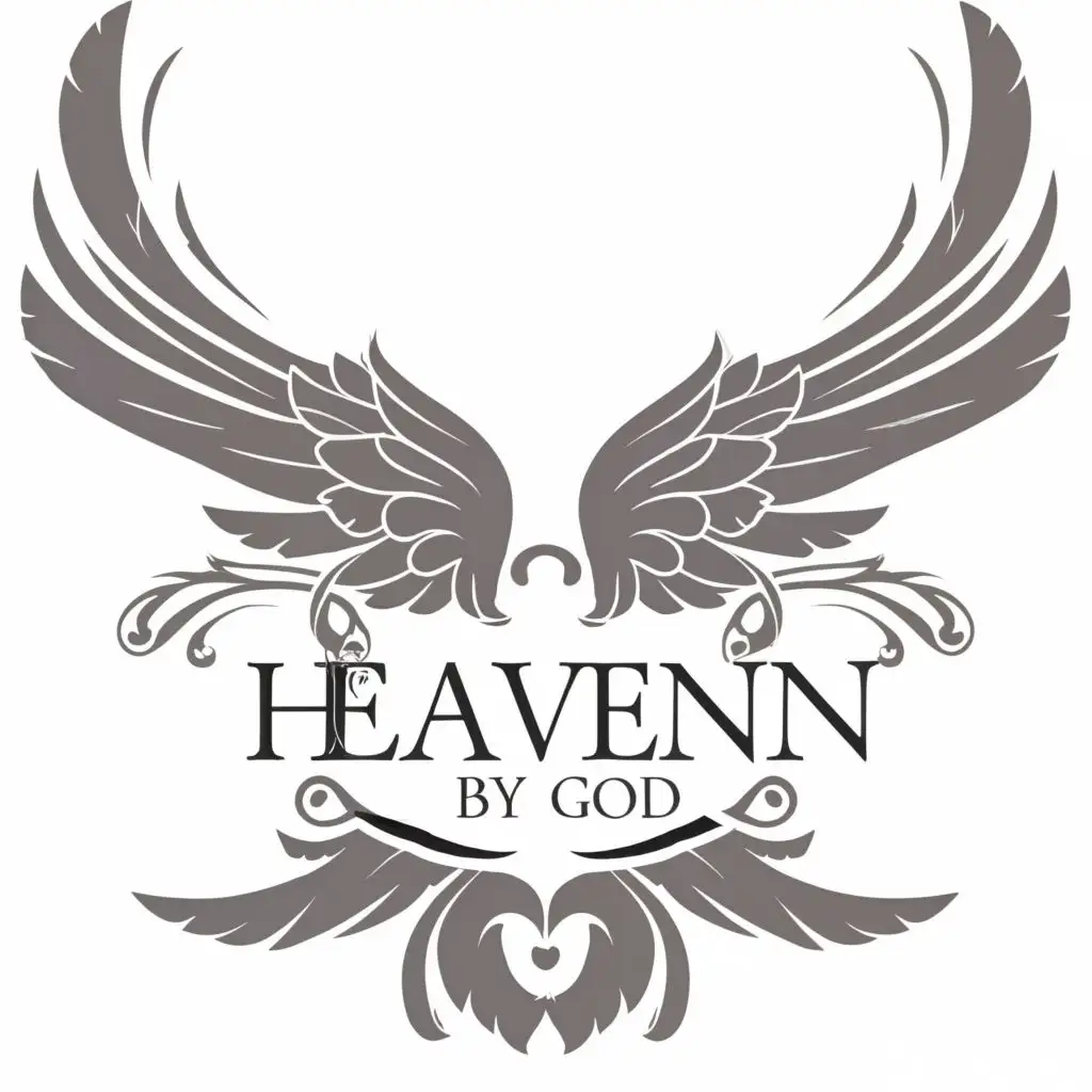 logo, The Angel's wings are gray on the right and left, with the text "Heaven By God", typography