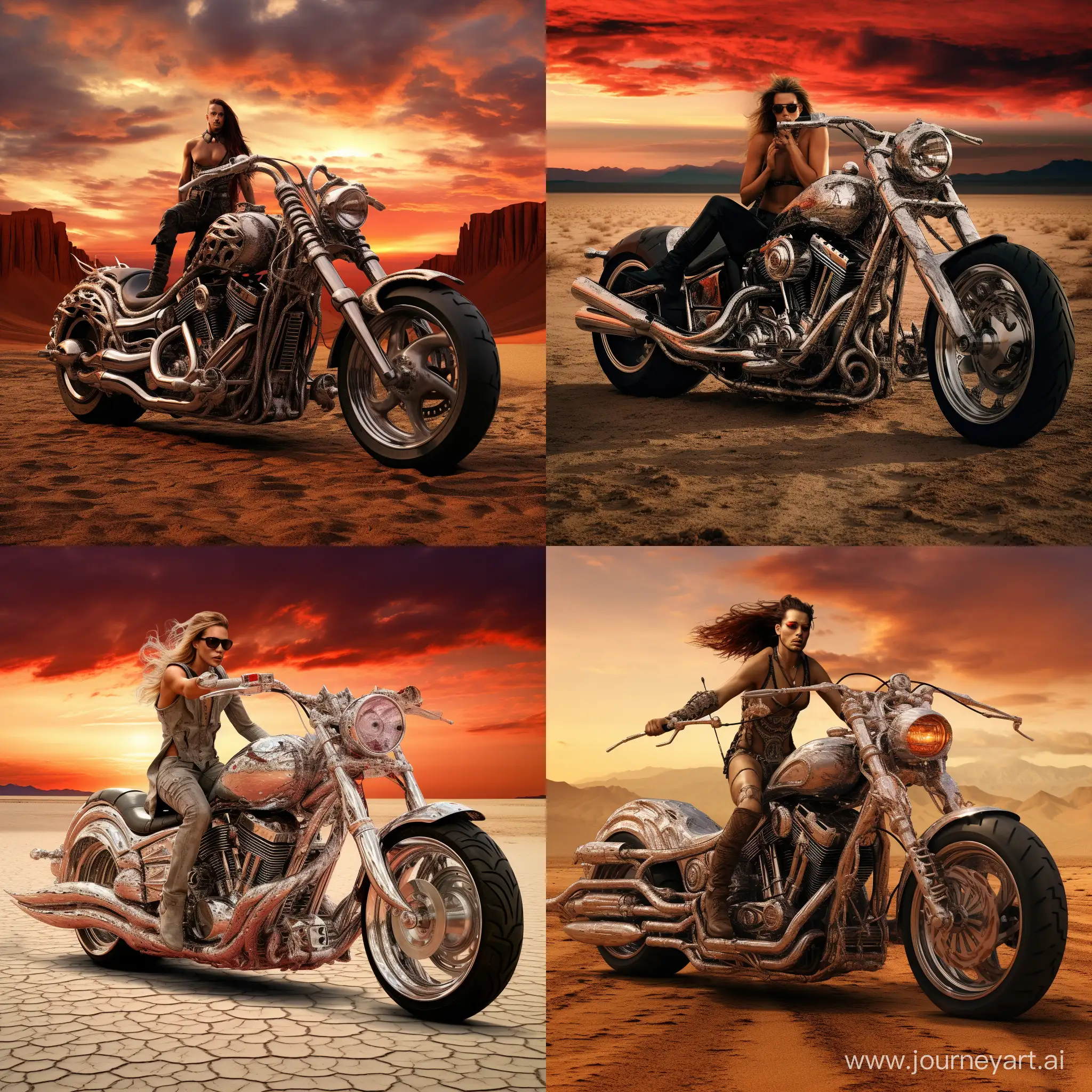 The devilish demon is on fire and riding a Chrome, low-rider motorcycle. With his girlfriend riding behind him. Powerful, extremely oversized tires, chrome spoke rims, chrome exhaust pipes. Extremely powerful engine. The day is stormy, and dark, and is a desert sky with multiple lightning bursts, covering the landscape background
