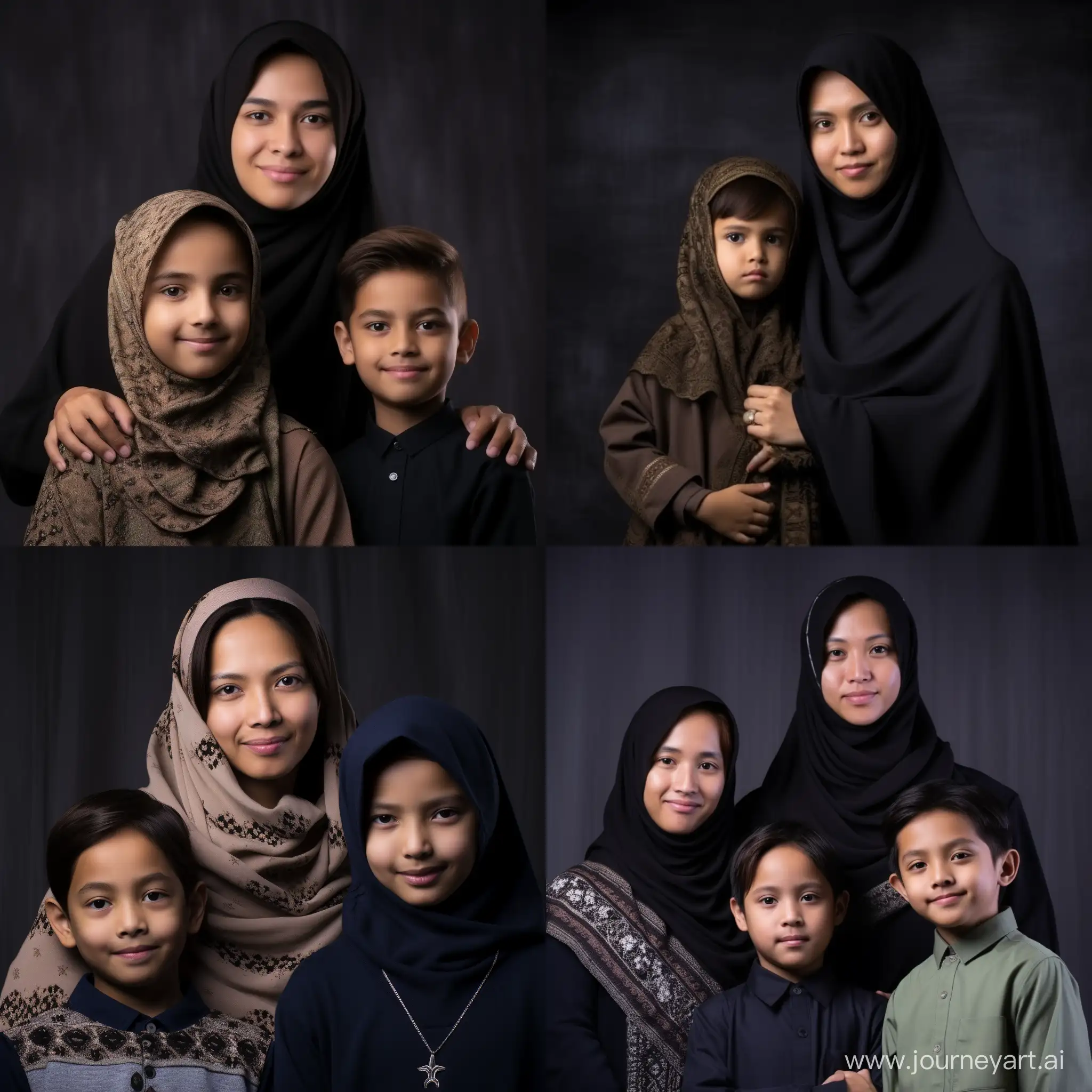 Indonesian family studio photo. Mother in a long hijab. Ten-year-old boy with tidy hair. Six-year-old girl in a hijab. Dark background.