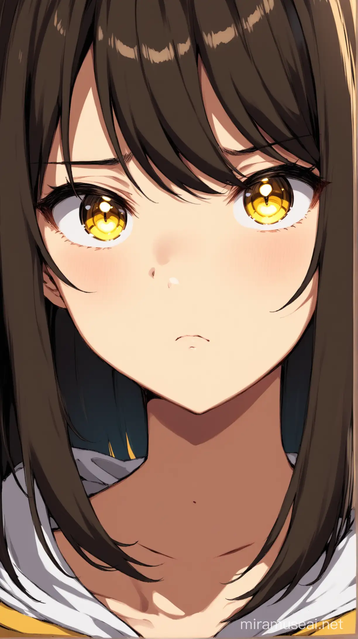 Nemuidere brunette anime girl with a tired face expression, yellow eyes with black pupils, hair semi-covers the eyes, medium length hair.