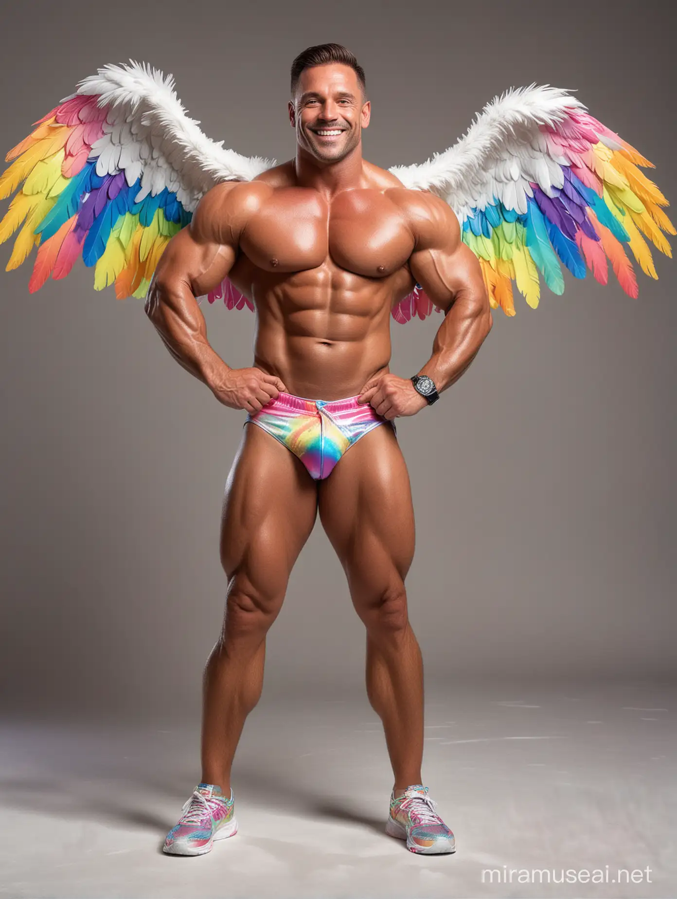 Smiling Ultra Chunky Bodybuilder Daddy in Rainbow Jacket with SeeThrough Eagle Wings