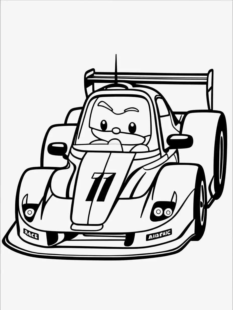 A race car coloring page, cartoon style, this lines, few details, no background, no shadows