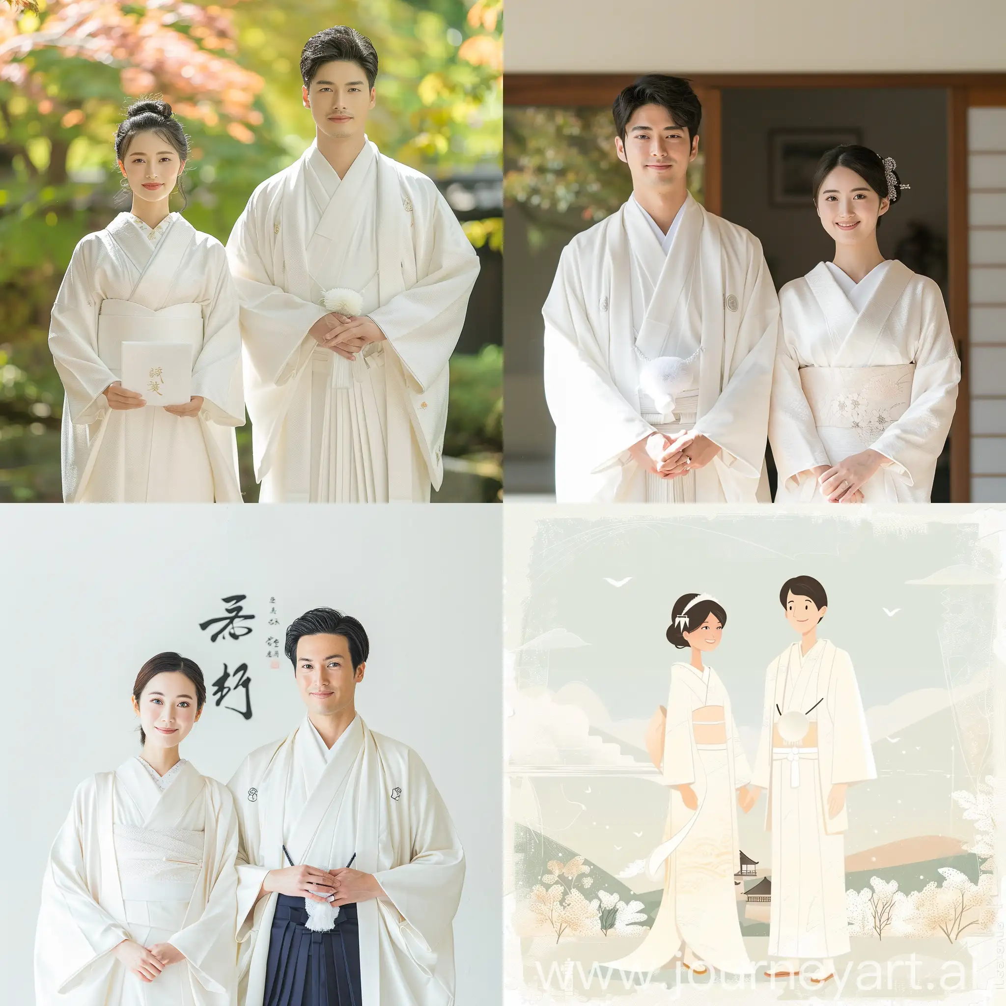 japanese a wedding invitation of the pure bride and groom, ((traditional wedding style)) affectionately standing front, white japan style, charming, design, delicate