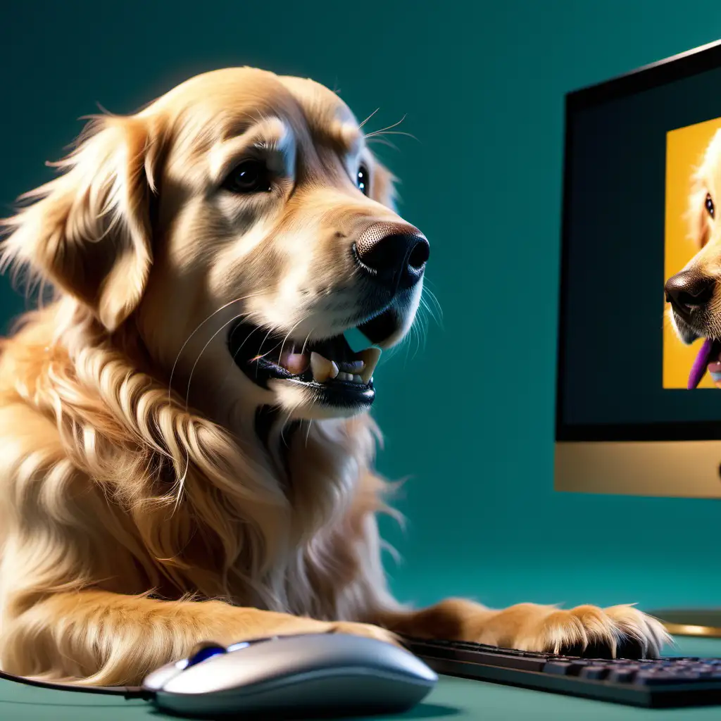 Anthropomorphic Golden Retriever Working on Computer in Realistic Disney Pixar Style