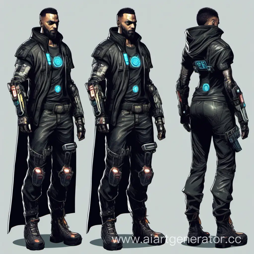 The game character is a full-length warrior for a cyberpunk shooter, the character must have a cape on