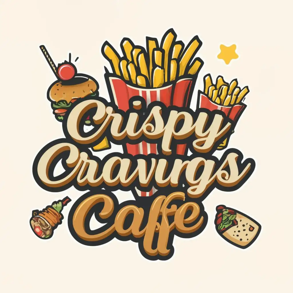 logo, aesthetic lettering with fries, burger, chicken and drinks, with the text "Crispy Cravings Café", typography, be used in Restaurant industry