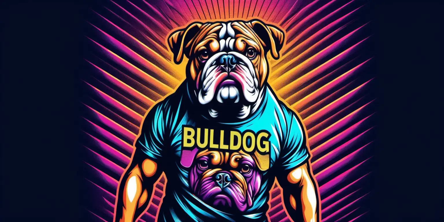 Bulldog Graphic TShirt in Synth Wave Style with Vibrant Colors