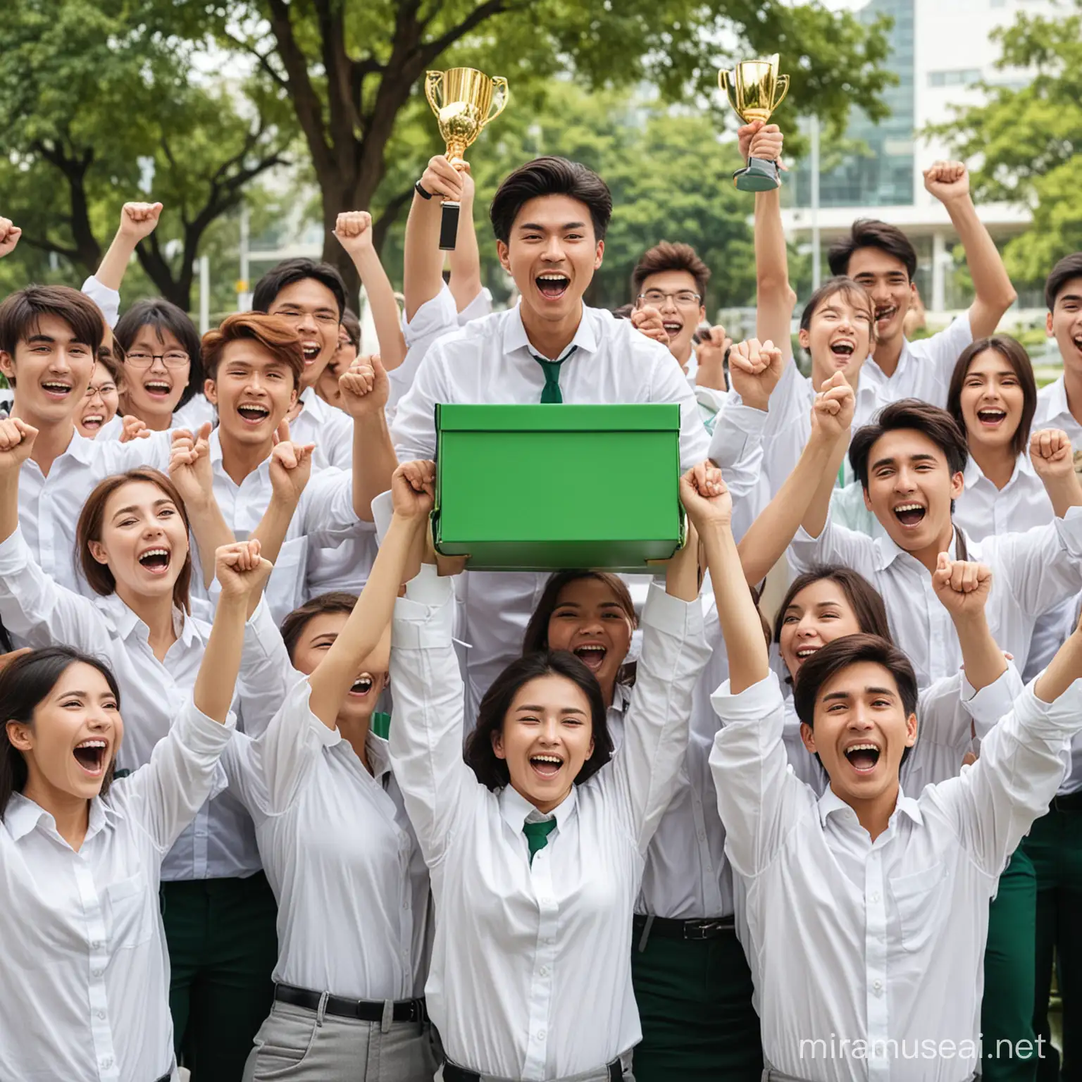 University students are all wearing plain white shirts are jubilating for winning a competition, one of them is lifting a green box like a trophy.