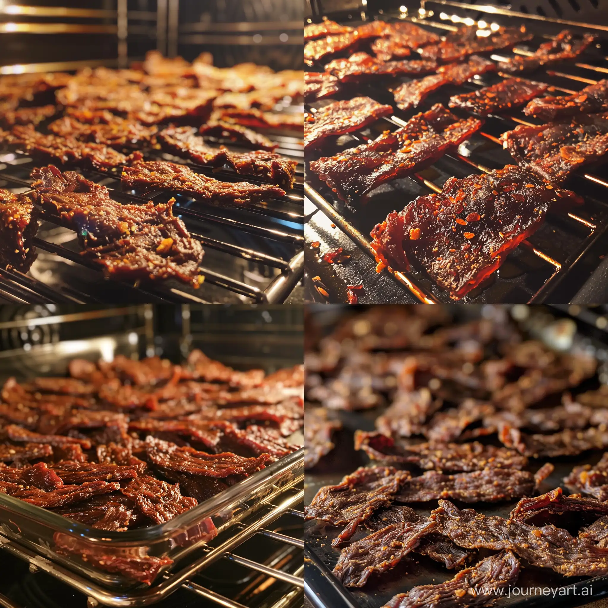 background of jerky close-up pic It’s in the oven. Almost Done. Sumptuous buffalo jerky- all natural. Just Meat and Spices.