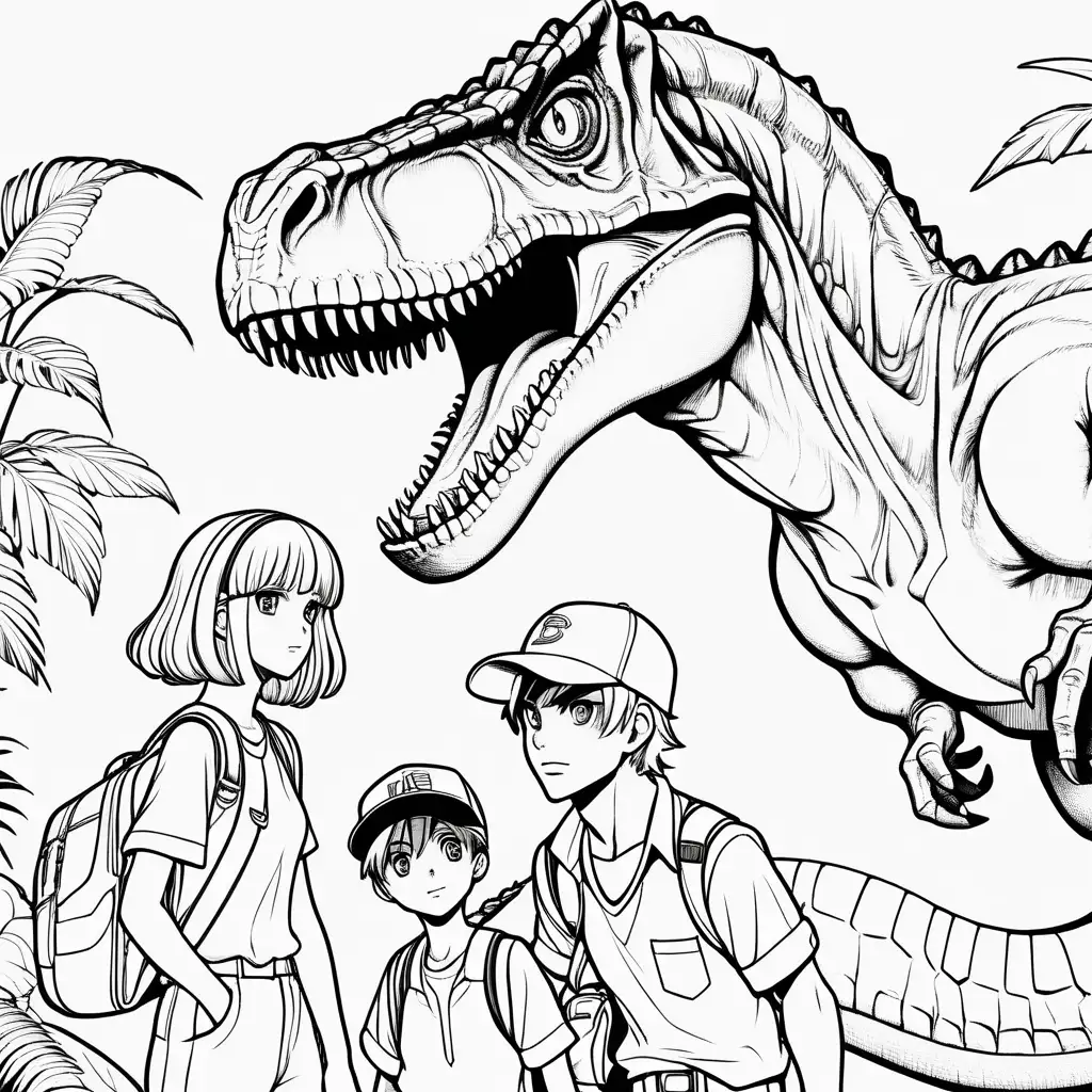  anime characters with dinosaur
, coloring page, black and white, no shading,  high dof, 8k,--ar 85:110