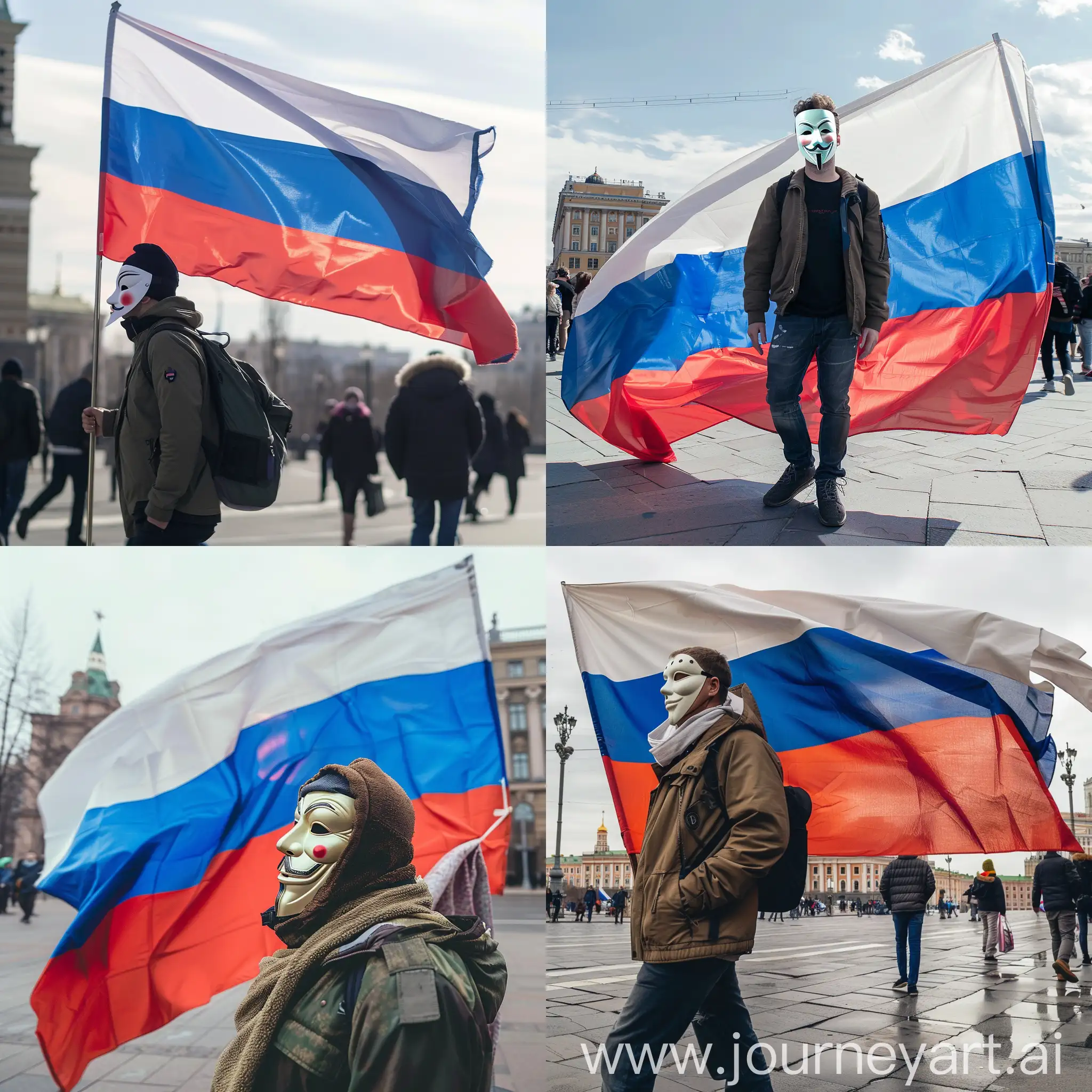 A man in an anonymous mask on the square with a large Russian flag