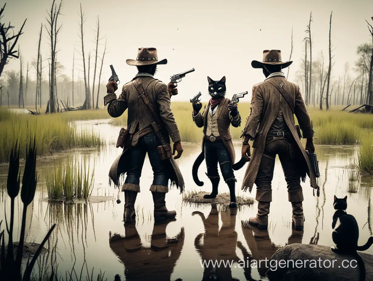 Два кота ковбоя с пистолетами на фоне болот ,мрачная ,анимэ . В стиле игры hunt showdown