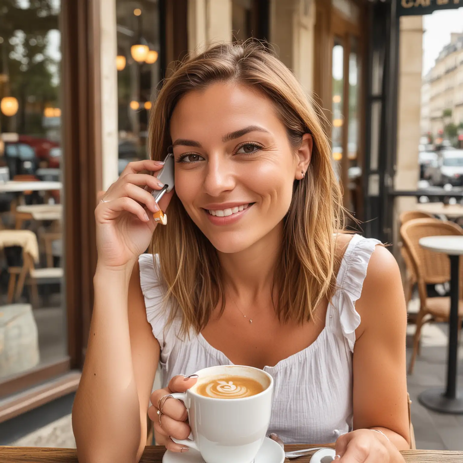 woman mid 30 light brown hair with highlights having coffee , summer, sunny mid afternoon , looking at her phone, a bistro cafe in Paris .playing with her earlobe 