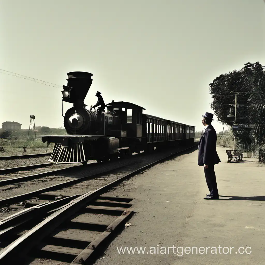 a train with a man and a railway
