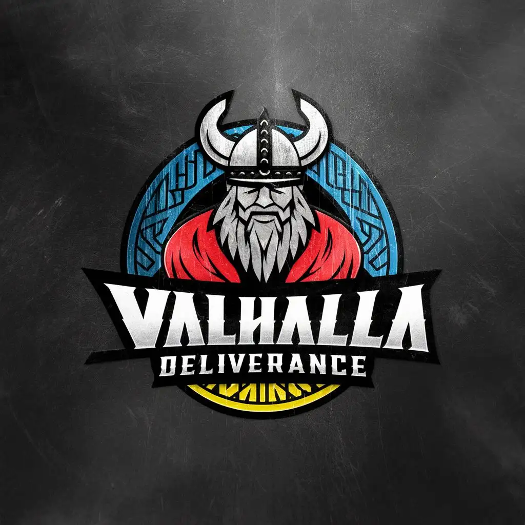 logo, Viking symbols, with Viking colors, with the text """"
Valhalla Deliverance
"""", typography, be used in Sports Fitness industry