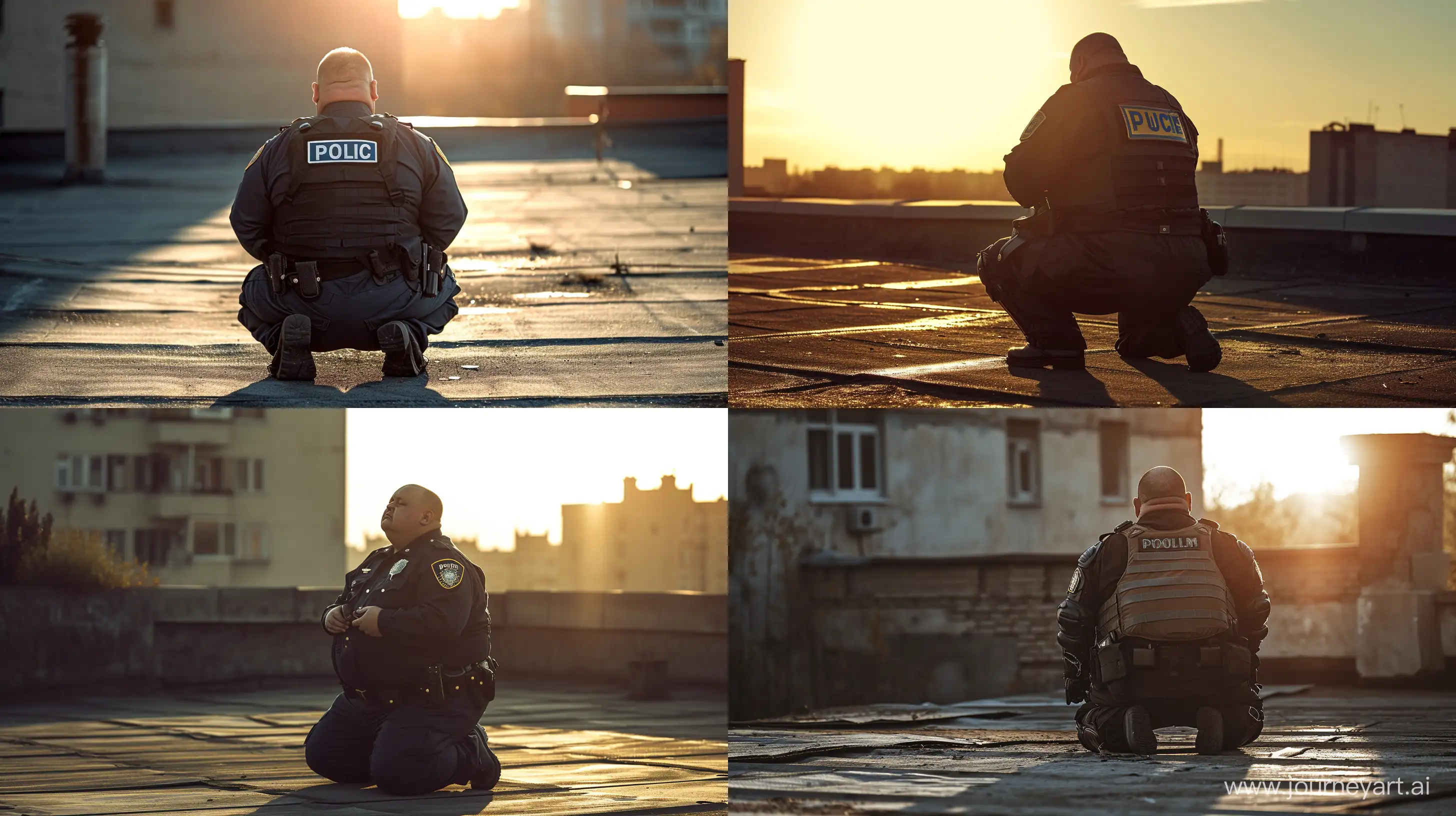 A chubby man aged 70 wearing a full police office uniform. He is kneeling on a rooftop. Is is facing the sunlight. High-quality, --ar 16:9 --v 6