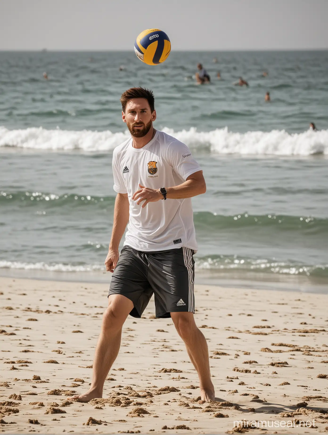 messi jugando voleiball en la playa
