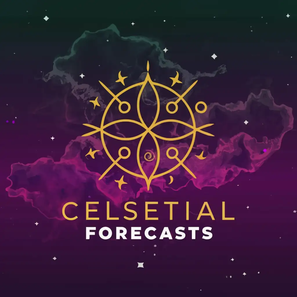 a logo design,with the text "Celestial forecasts", main symbol:Logo in the form of a constellation, where the contours of the zodiac signs intertwine with the threads of stars, symbolizing the connection between humans and the cosmos. The background is bright, saturated. Pink, purple, and golden colors. Bright, standout logo,Moderate,clear background