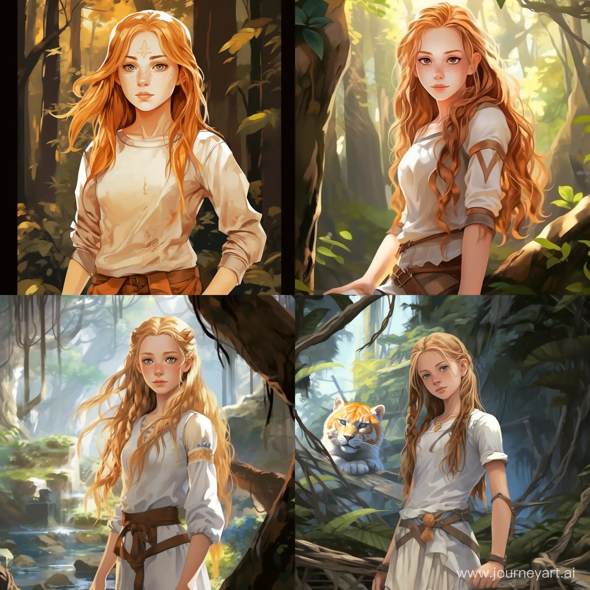 Beautiful girl, golden hair, gray-blue eyes, snow-white skin, teenager, 14 years old, avatar style legend of aang, journey in the forest, in full growth, high quality, high detail, cartoon art