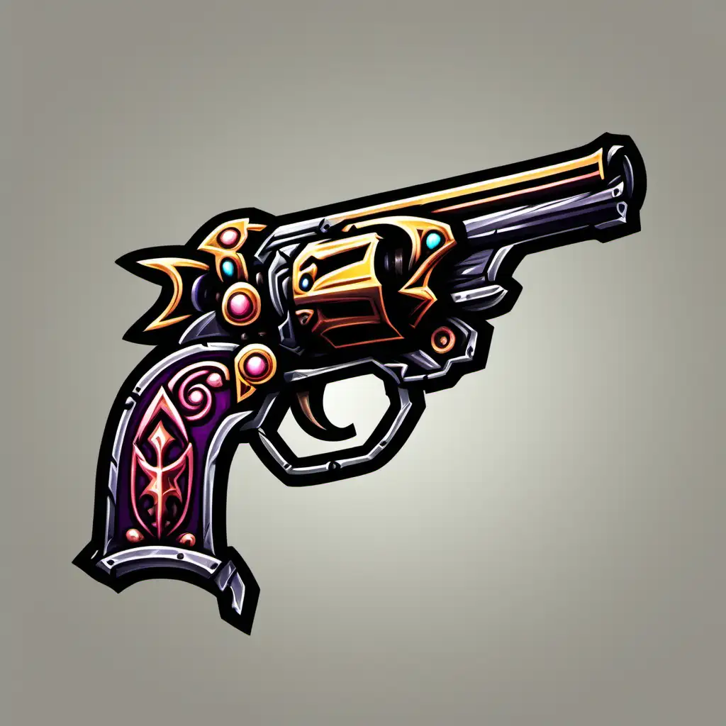 fancy fantasy pistol icon; colorfull 2d darkest dungeon style;  transparent background, no background elements; --no text;  --no shadow;