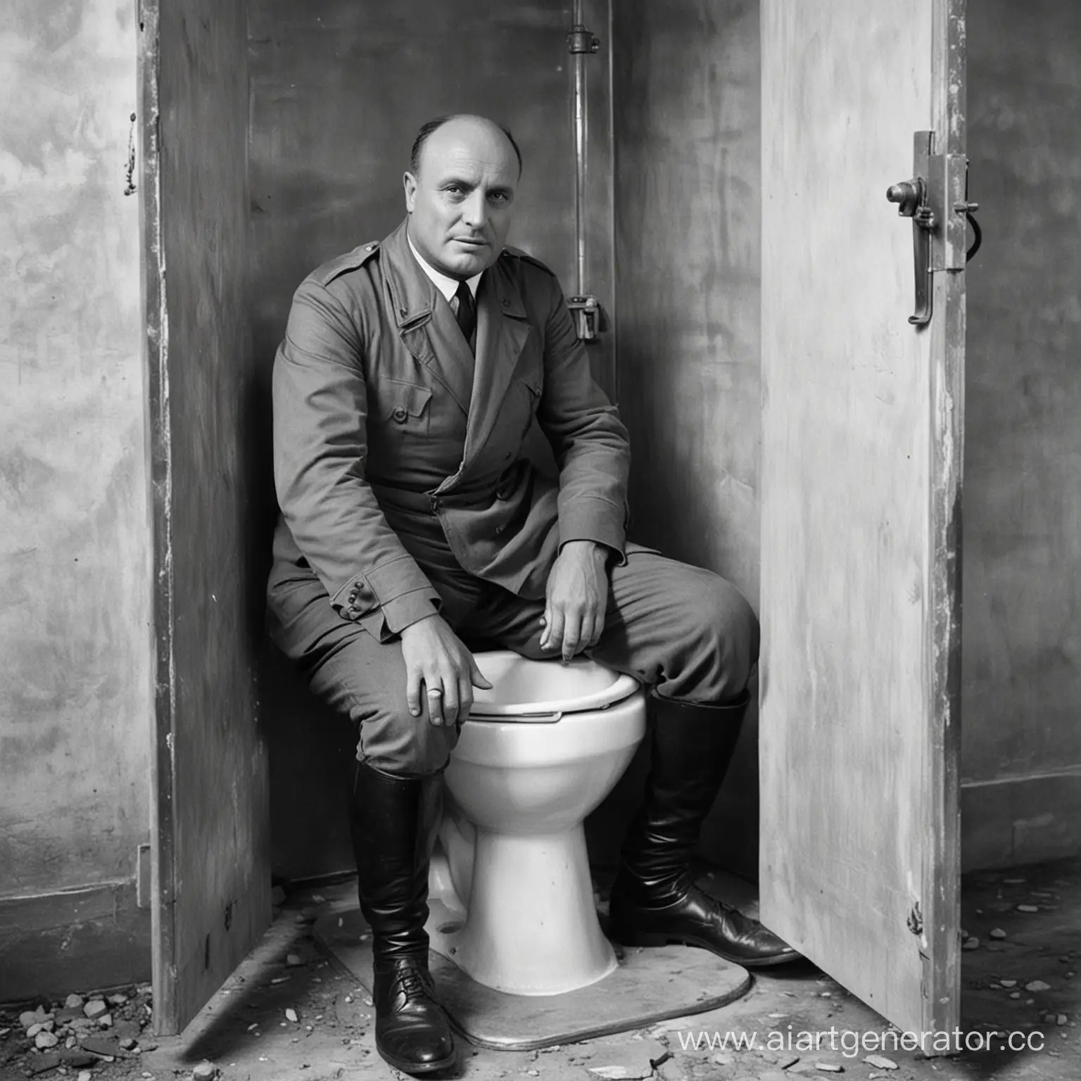 Benito-Mussolini-Using-an-Outdoor-Outhouse-in-Countryside