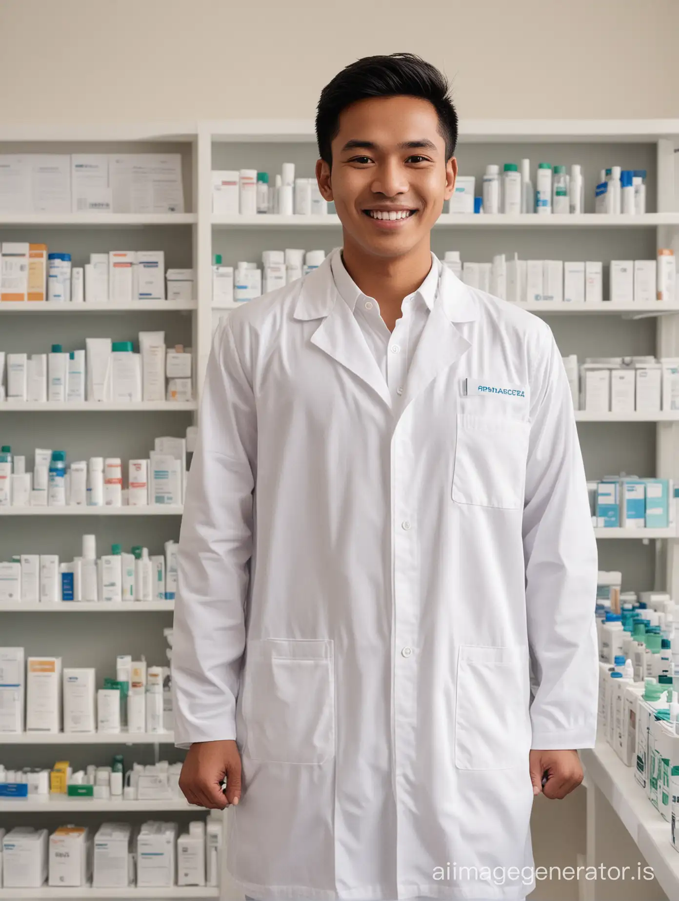 25 years old Indonesian man stand at pharmacy with smiling face and wear a white pharmacist shirt