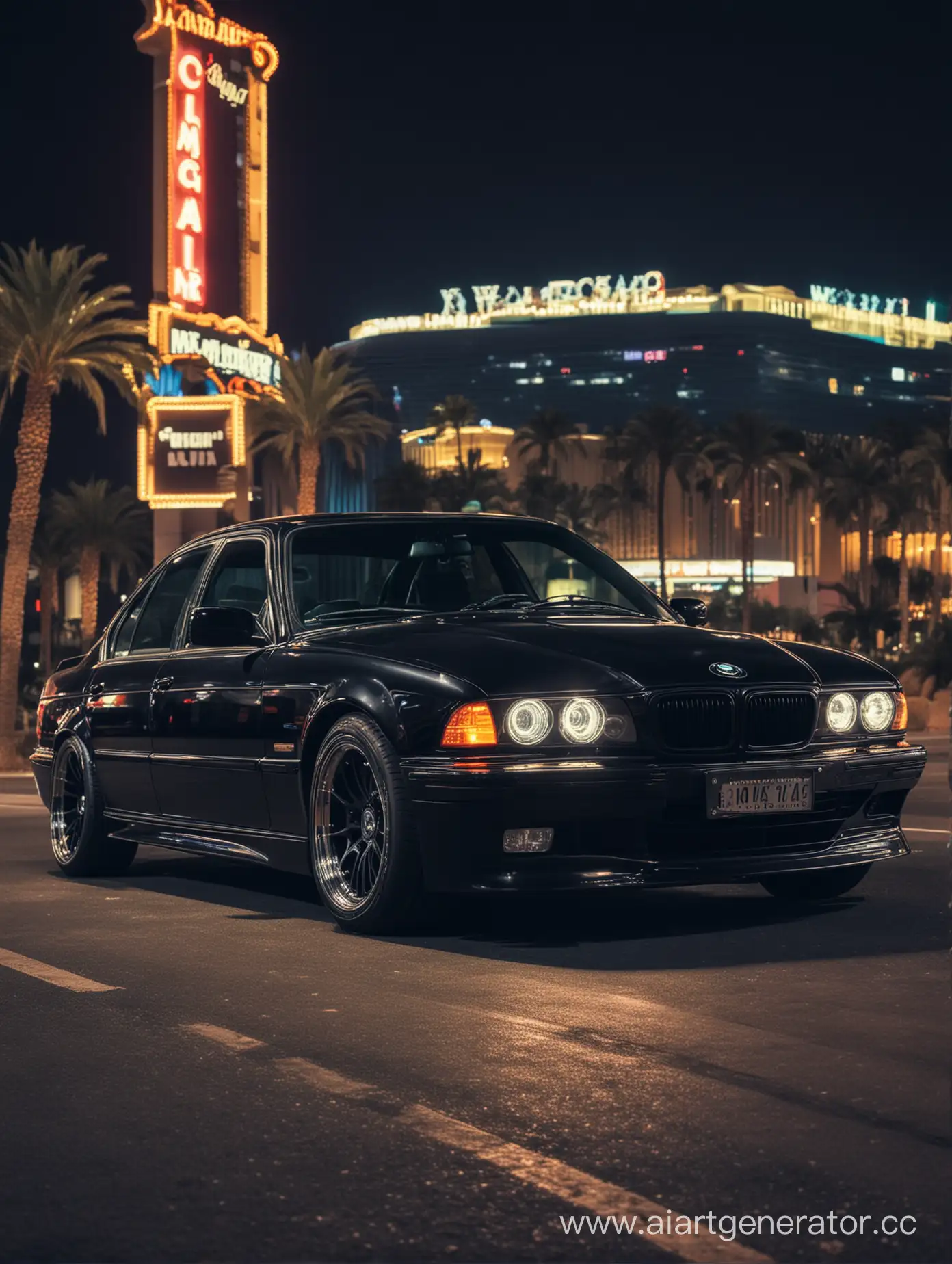 Menacing-Black-BMW-E38-Against-Neonlit-Las-Vegas-Casino-Backdrop