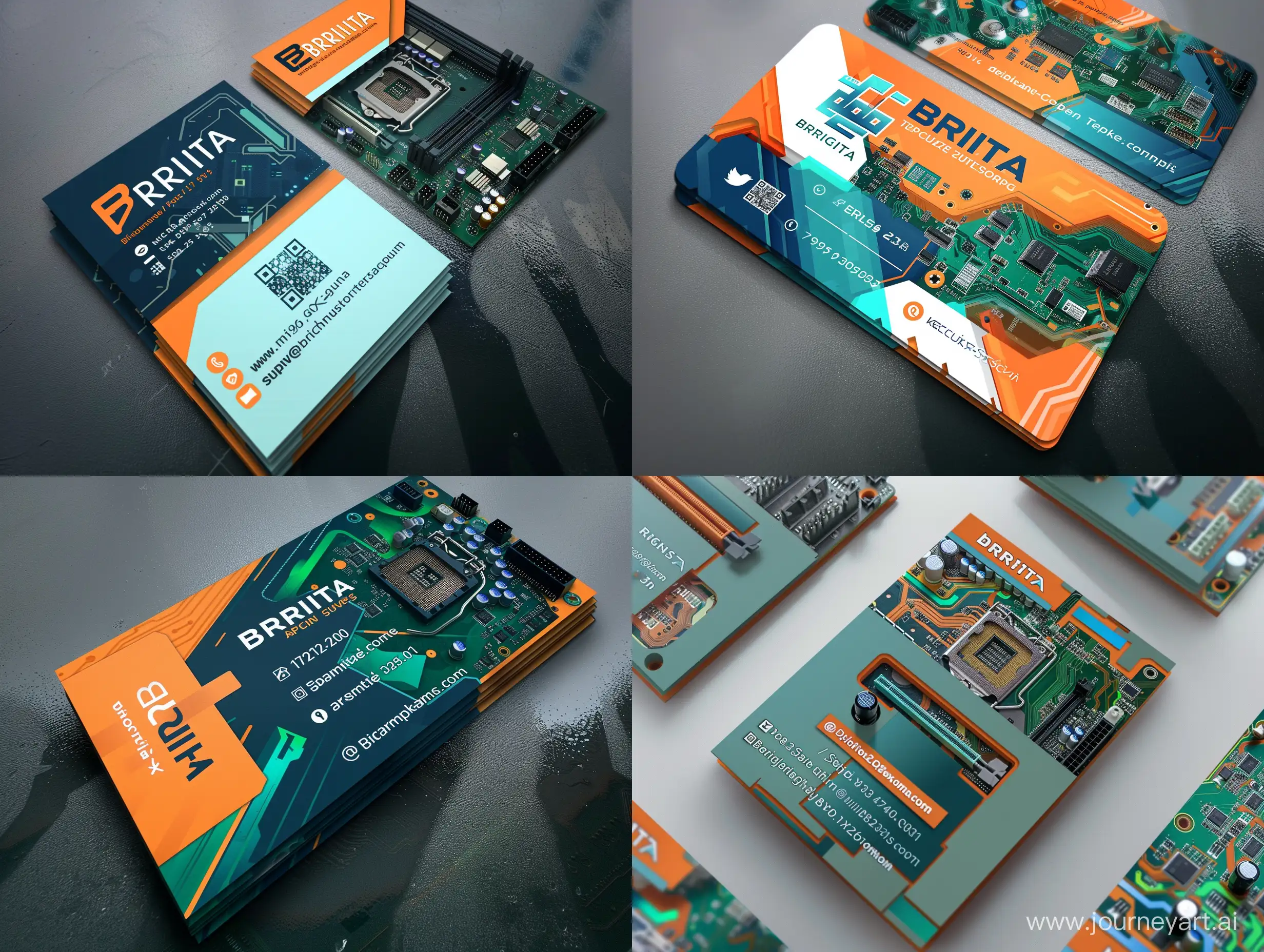 Come up with a design of a business card for the director of the company. Parts of the computer or motherboard should be visible on pictures. The company name is BRIGITA. The company provides information technology services, such as setting up servers and business software. The corporate colors are orange, blue and light green. The design should reflect the specifics of the company's services.
