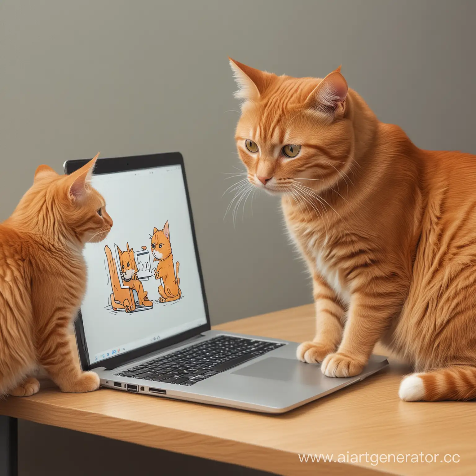 Нарисуй рыжего кота с ноутбуком, который что-то на нем показывает другим трем котам