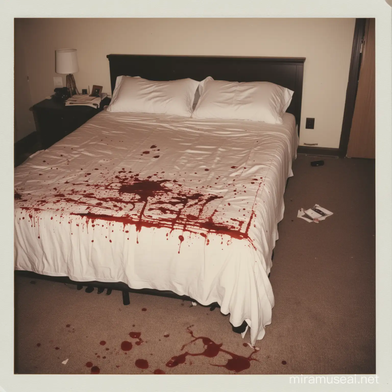 A polaroid photo of a bed with blood stains on it and the blanket, crime scene, 1993