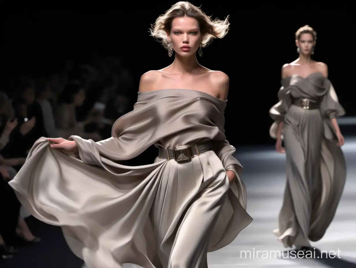 Stunning supermodel runway motion front angle wearing a silk blouse off shoulder with 2 sleeves rolled up, folded at the waist, flowy long skirt, and a scarf tied at the waist , jewelry, Alexander McQueen style, hyper-realistic, glamorous, hands in the pockets, gray taupe