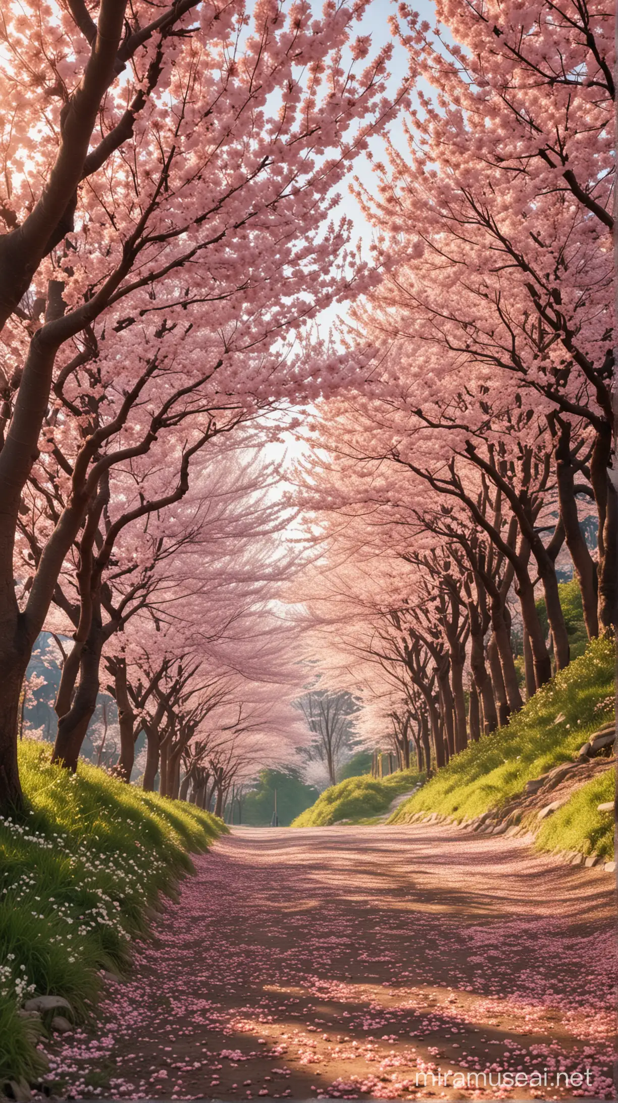 A breathtakingly beautiful real-life photograph of a small hill lined with first bloomed cherry blossom trees, the plenty of cherry blossom petals, sunlight filtering through the petals creating a serene and magical atmosphere, masterpiece,best quality, highres, 8K photograph, Nikon