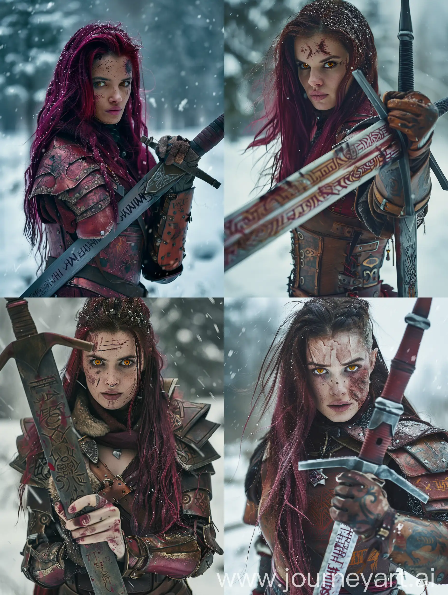 Cinematic, high key photo, medieval woman witcher in winter background, intense confidence and determination, intimidating. She is a witcher,she has honey cat eyes,dark pink long hair, She has scars, Medieval armour with red and brown colours, holding with both hands a sword with inscriptions, directed by Ridley Scott,shot with Sony Alpha A7 III