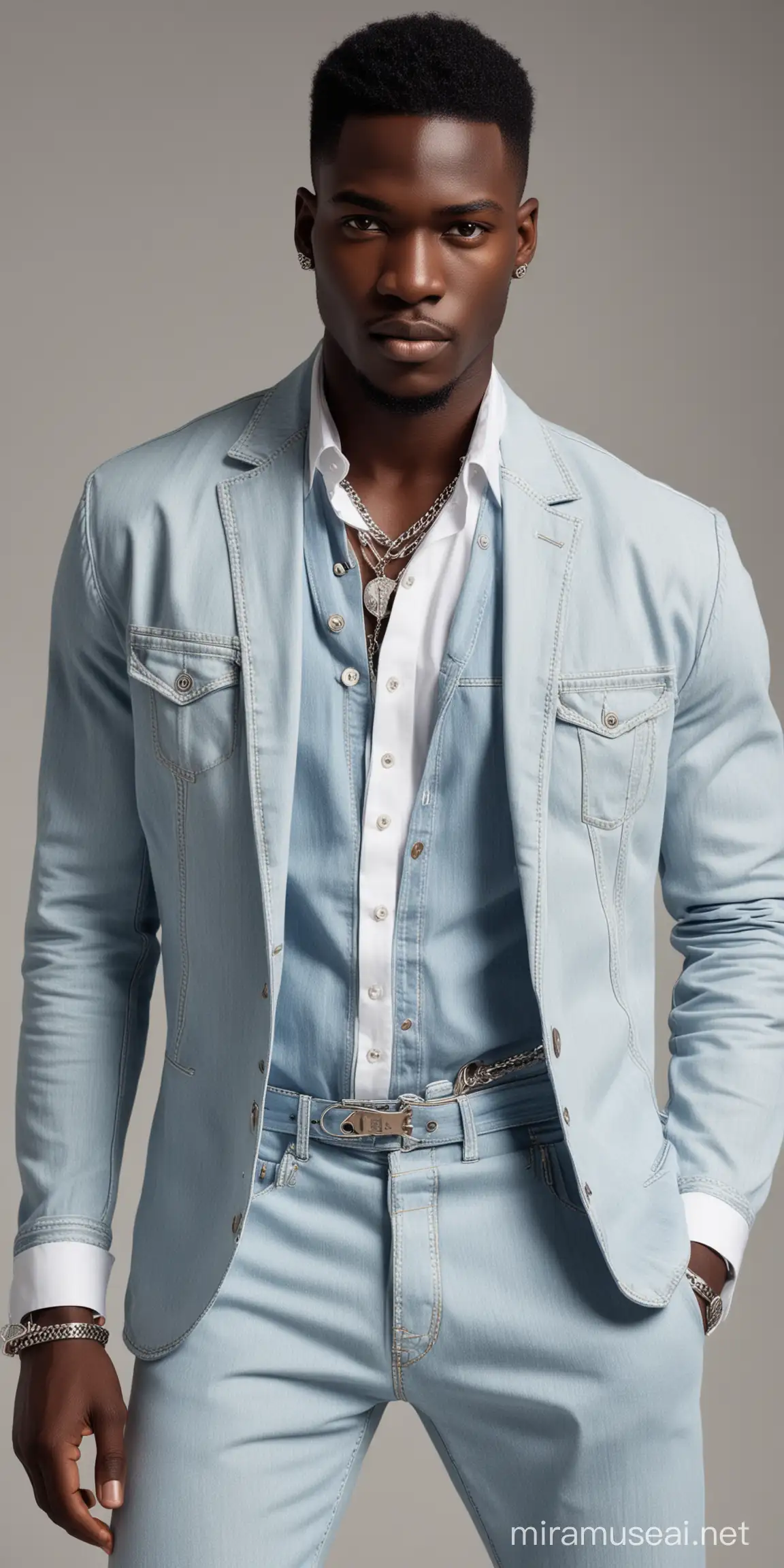 An African male model wearing a jean suit and white shirt. The suit has silver chain and buttons beautifully design. Masterpiece fashion design.