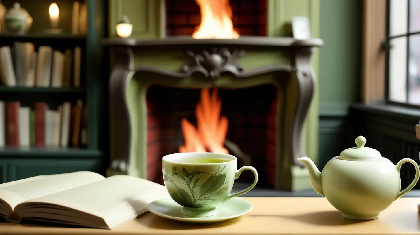 a porcelain cup with green tea in a bugie cafe with fireplace and bookshelfs