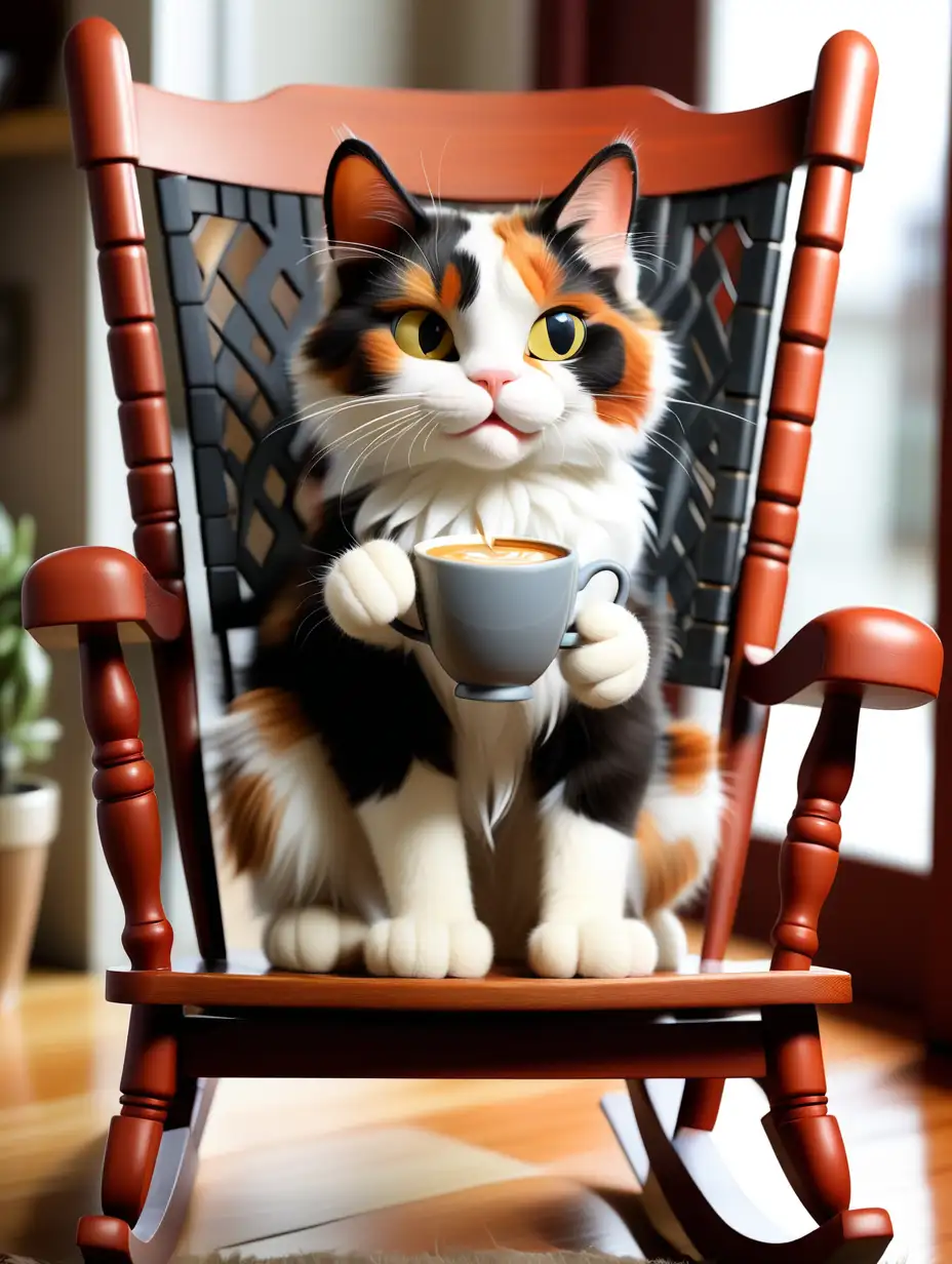 cute calico cat sitting in a rocking chair sipping on a coffee
