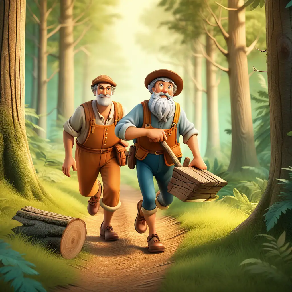 Create a 3D illustrator of an animated scene of a hardworking, middle aged, charming, 18th century, medium skin toned woodcutter is seen leading the way through the forest, while another woodcutter chasing him from a farther distance . Beautiful and vibrant background illustrations.