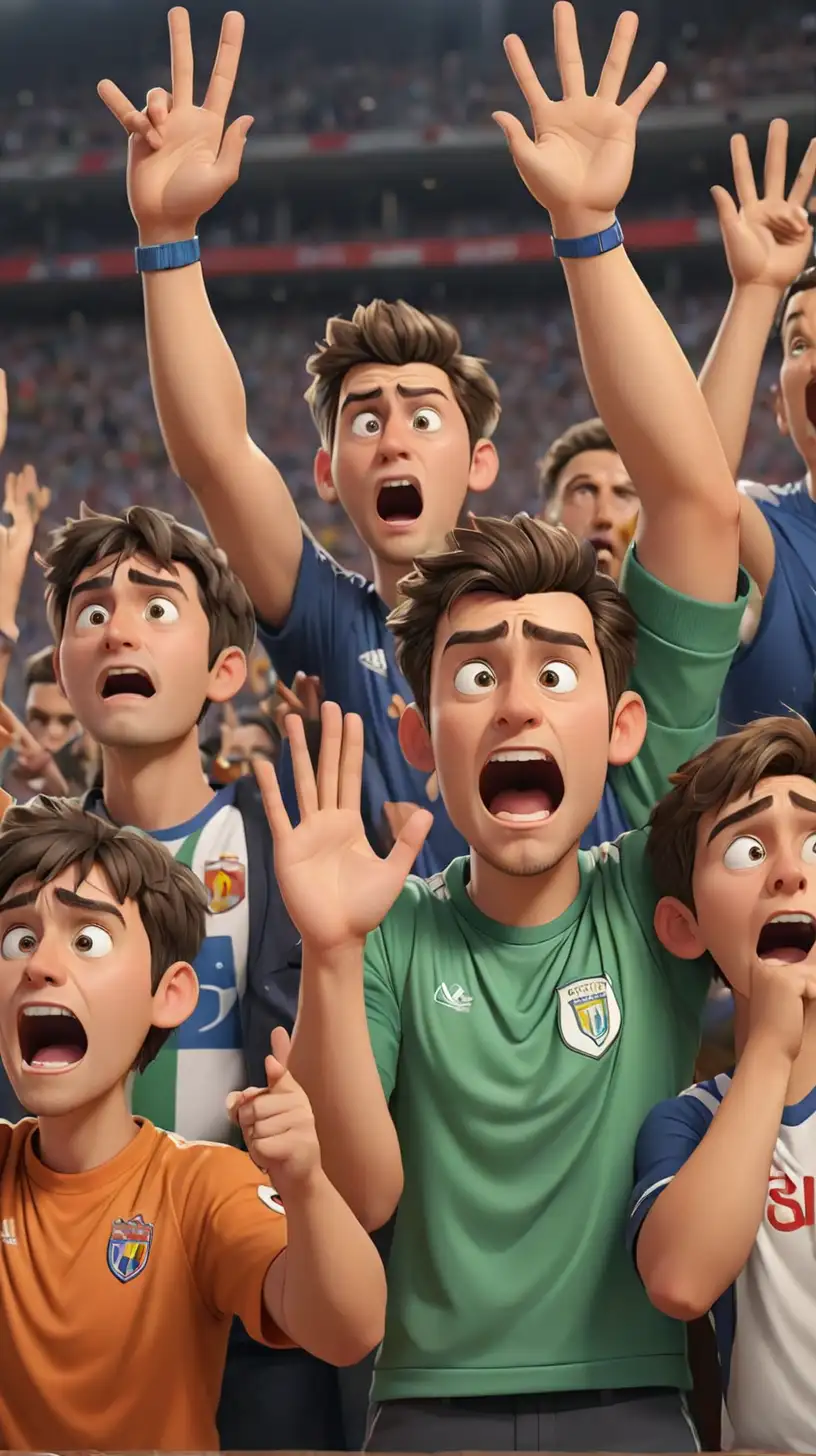 3D Cartoon of Five Football Fans Expressing Dissatisfaction with Booing and Raised Hands
