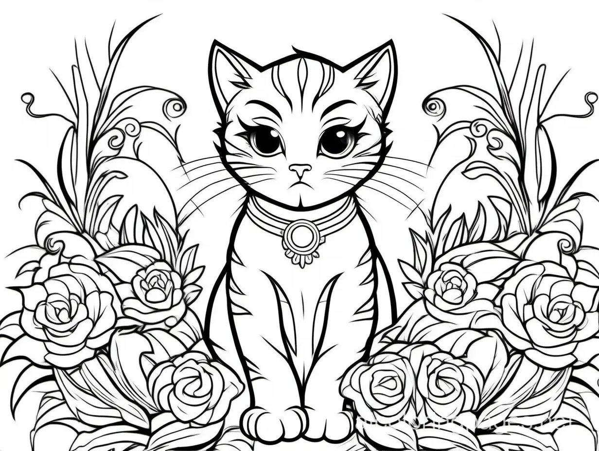 Stylish-Angry-Cat-Coloring-Page-with-Floral-Pattern