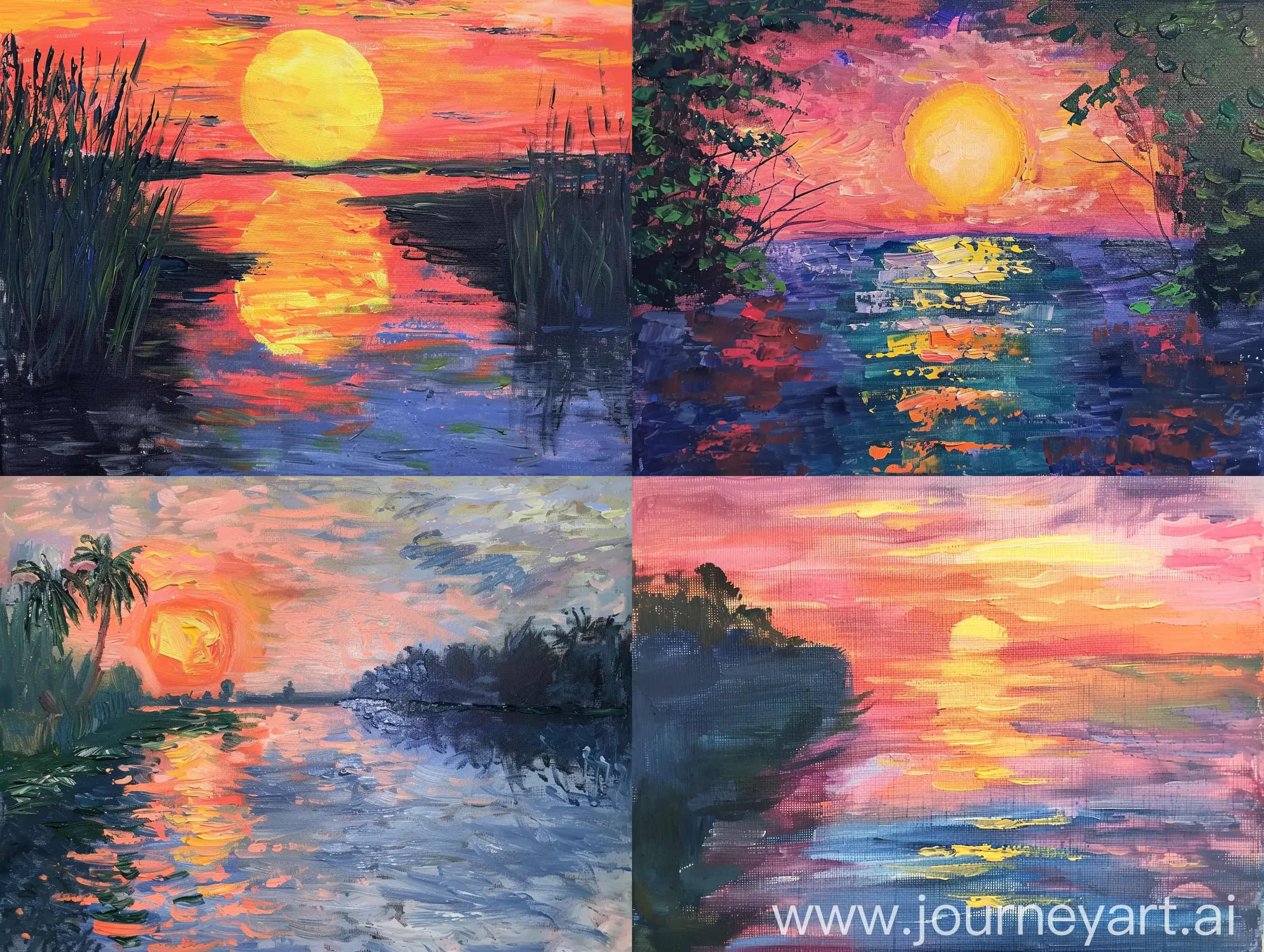 Paint a sunset themed painting in the style of Monet