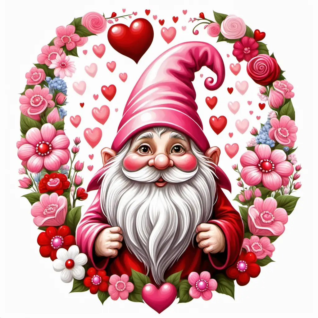 fairytale, colorful pink red and white valentine fantasy, gnome, long beard,oversized Decorated hat, flowers,hearts,
valentine theme, cartoon style, white background,