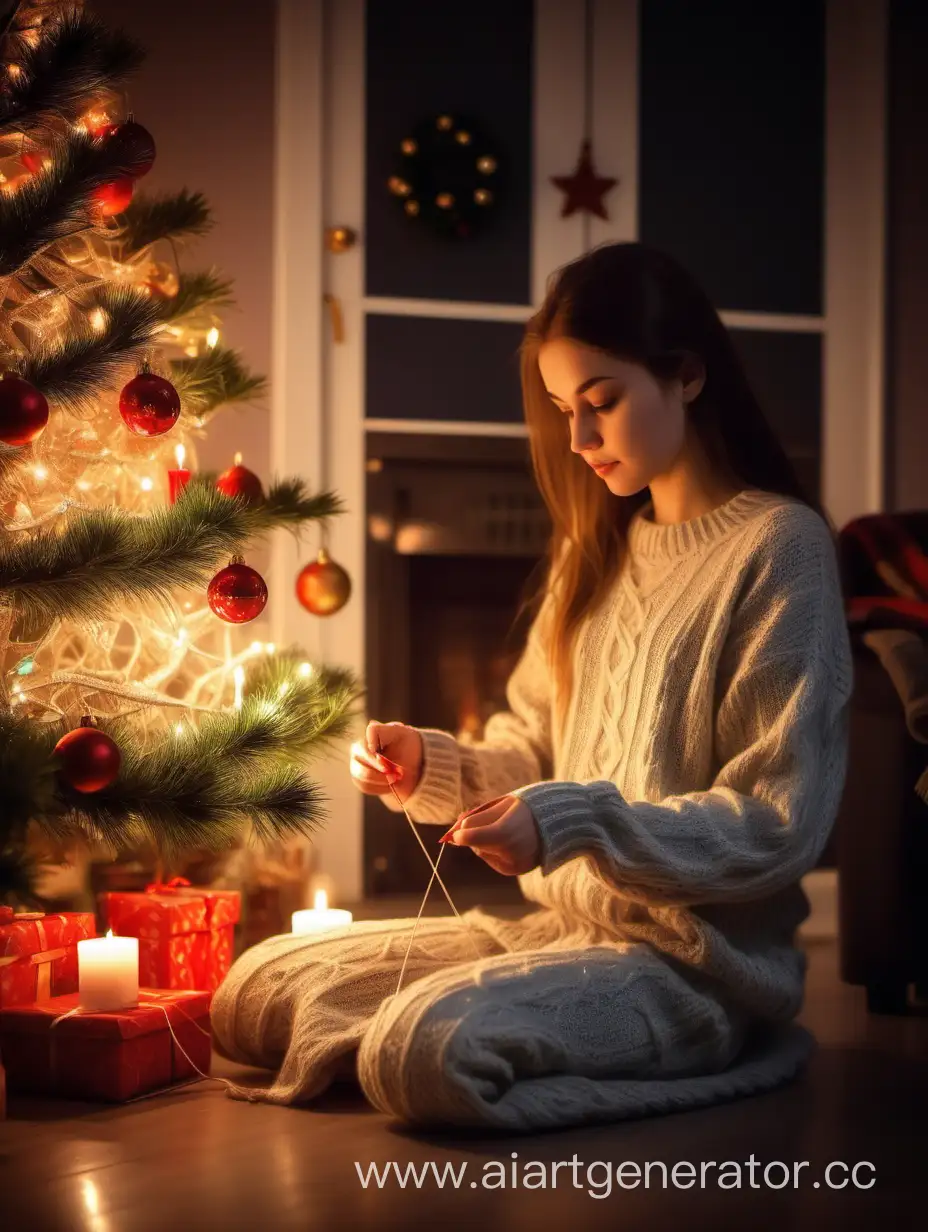 Девушка вяжет с в рождественский вечер, красивая, рождественская обстановка, свечи, камин и наряженная ель