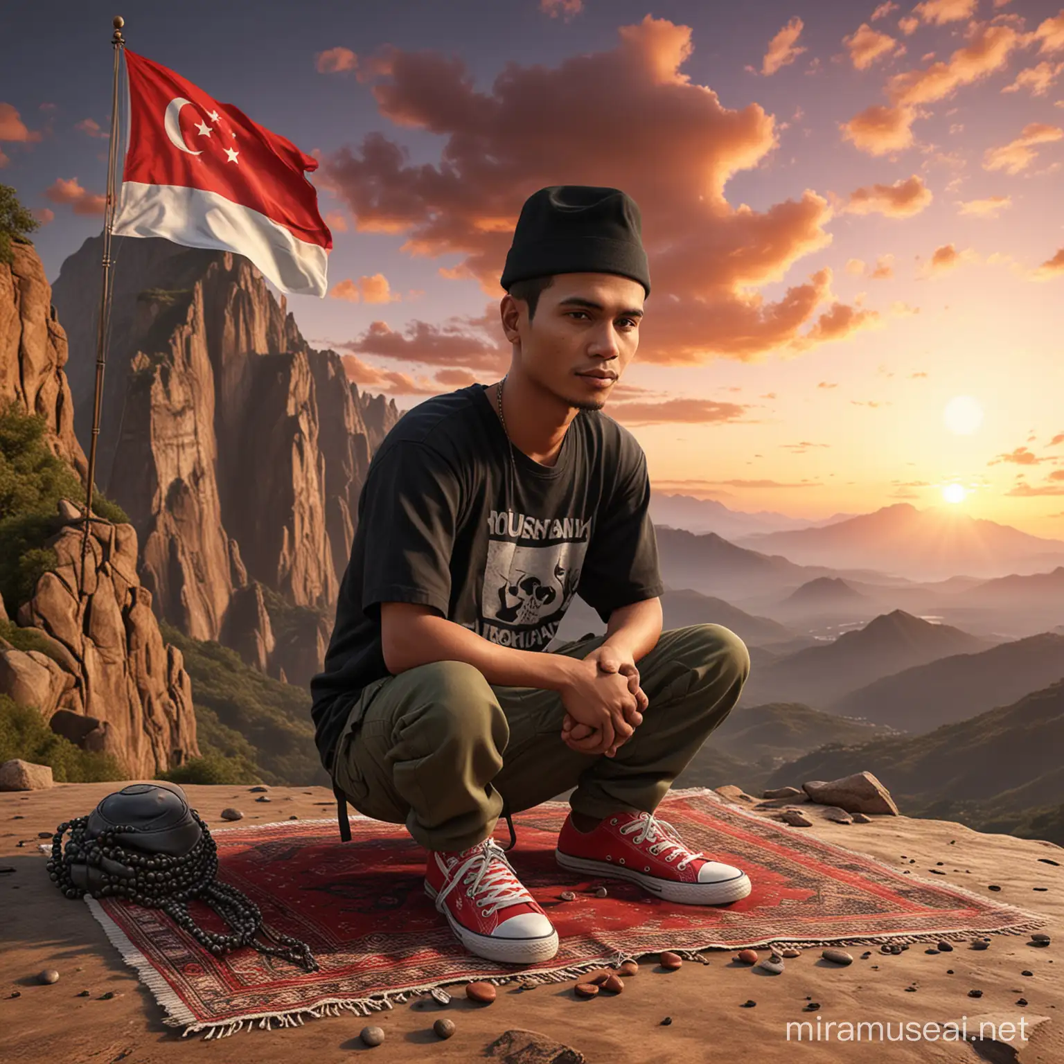 karikatur 3D realistis, kepala besar, pria Indonesia dengan wajah lonjong bersih, usia 25 tahun, pakai peci hitam, mengenakan kaos casual bertuliskan 'Yousufe', mengenakan celana kargo tentara dan sepatu red converse, duduk di atas tebing tinggi dengan sajadah, tasbih, al-Qur'an, dan bendera Indonesia, latar belakang pegunungan yang indah dan awan warna warni saat matahari terbenam, sunset. Detail objek yang tinggi. super realistic HD