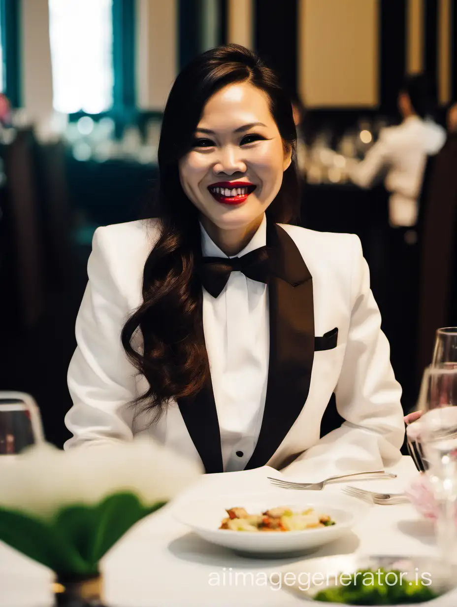 40 year old smiling vietnamese woman with long hair and lipstick wearing a tuxedo with a black bow tie.  She is at a dinner table.